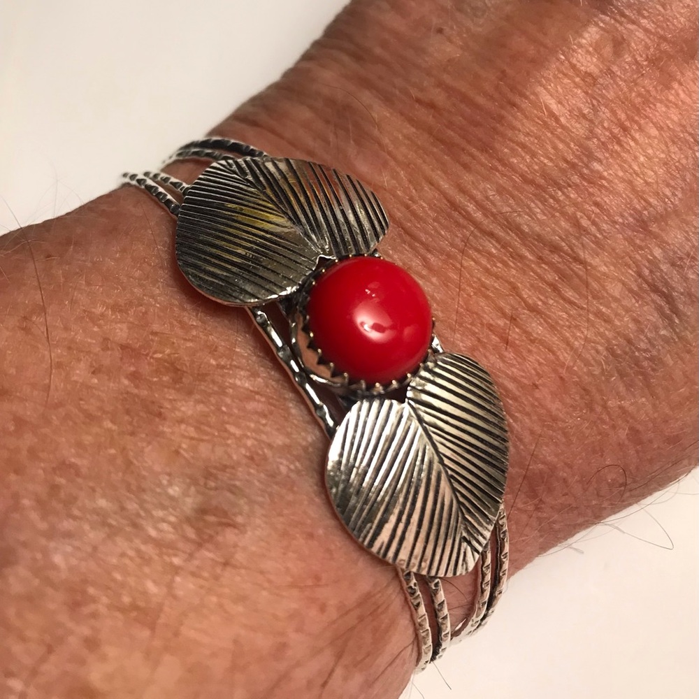 Red Coral Stamped 925 Sterling Silver Cuff Bracelet